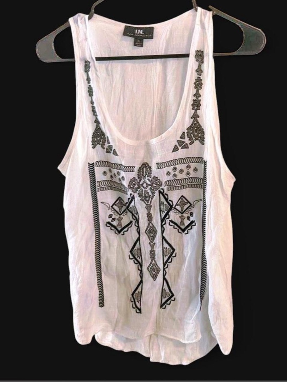 I.N. San Francisco White Tank with Black Embroidered Geometric Design